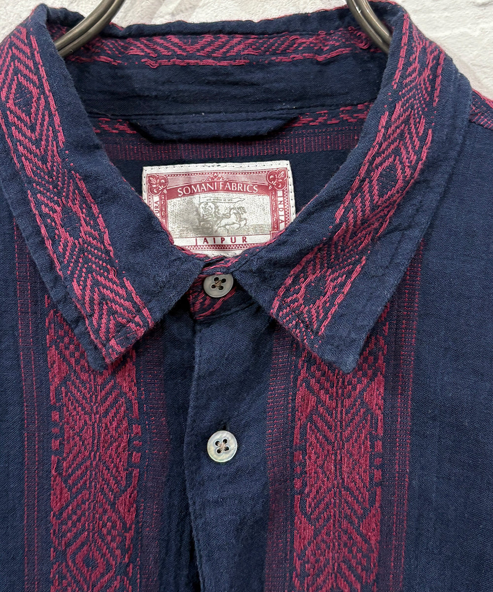VINTAGE - SOMANI FABRIC GEOMETRIC PATTERN SHIRT NAVY