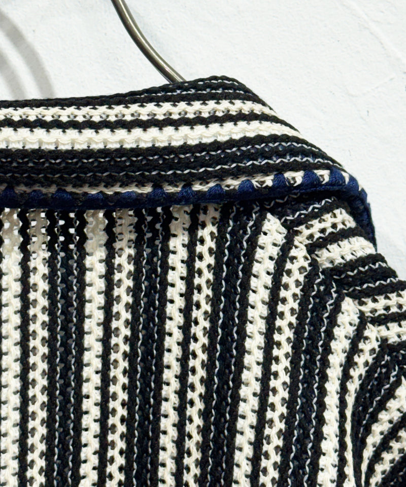 CURRENTAGE - TEXTURED STRIPE KNIT JACKET / BLACK×NATURAL