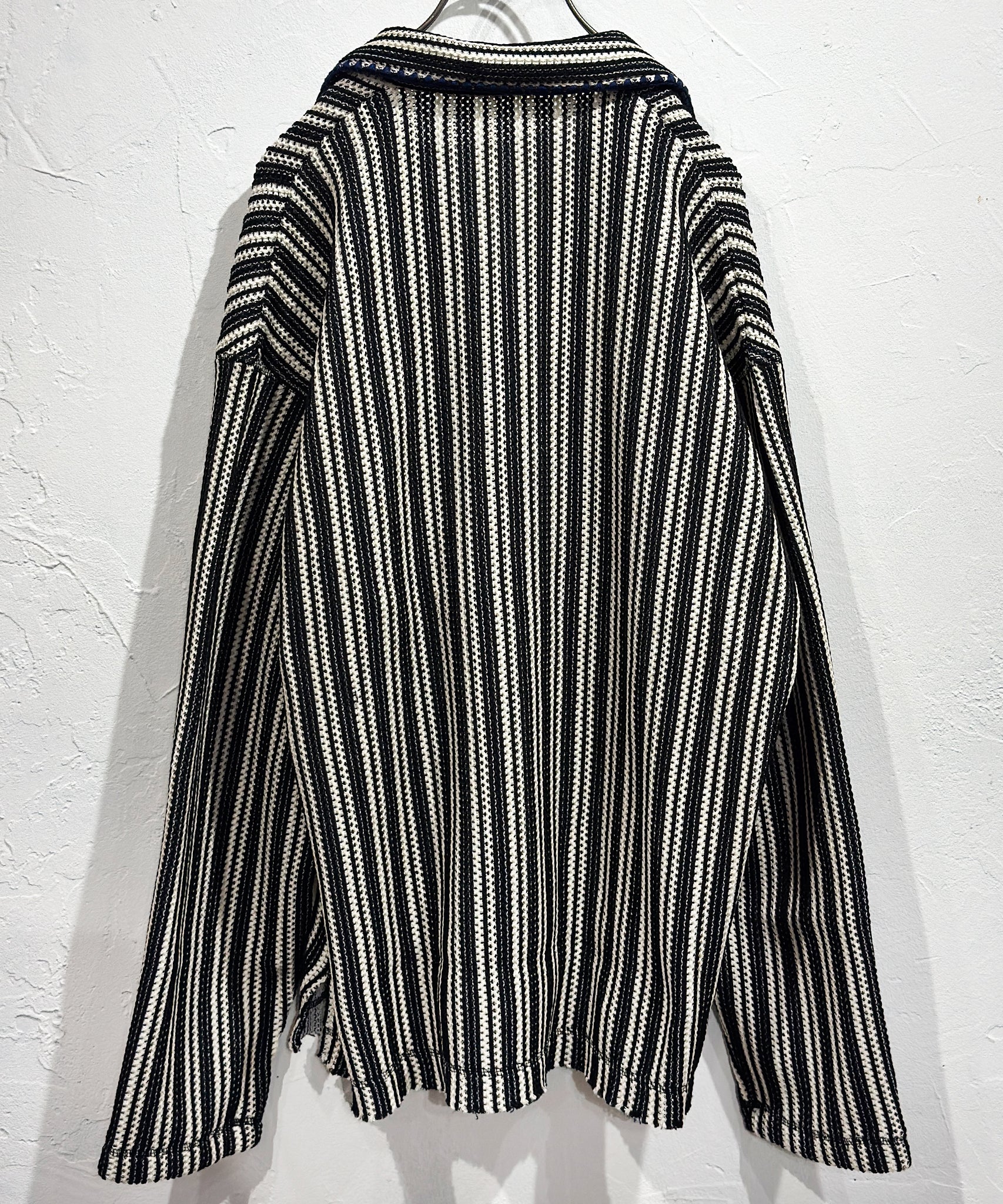 CURRENTAGE - TEXTURED STRIPE KNIT JACKET / BLACK×NATURAL