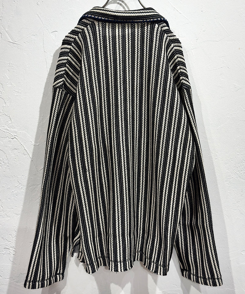 CURRENTAGE - TEXTURED STRIPE KNIT JACKET / BLACK×NATURAL