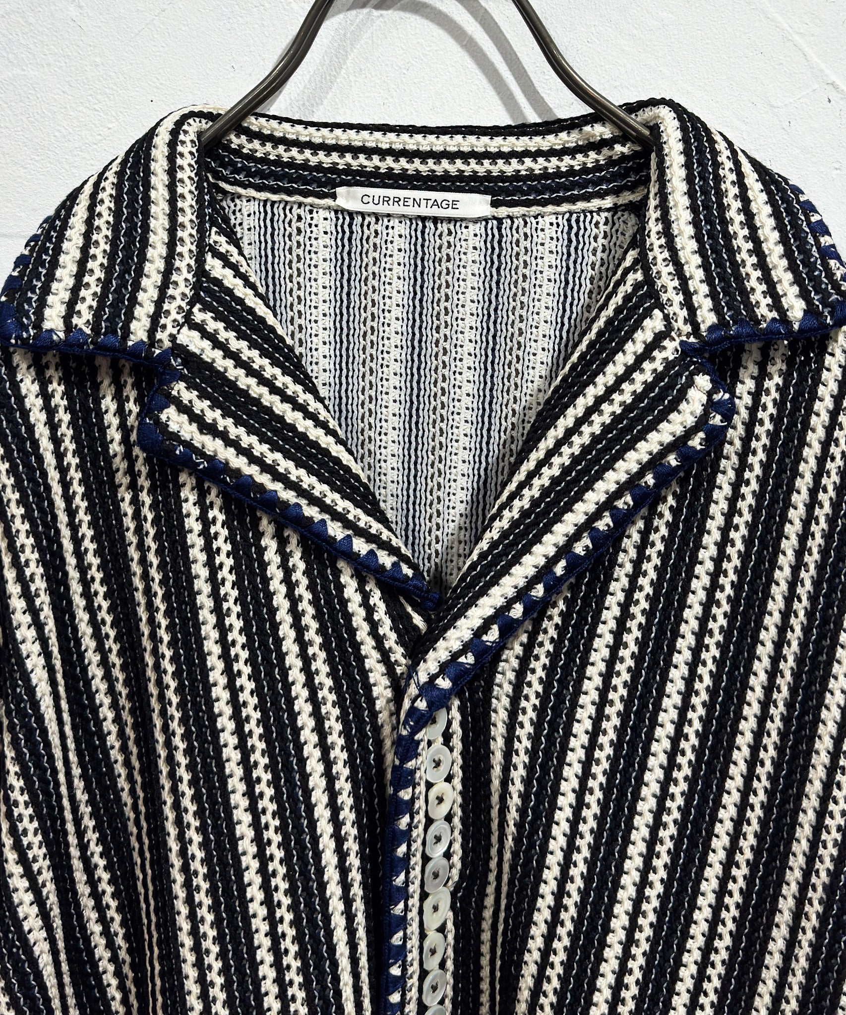 CURRENTAGE - TEXTURED STRIPE KNIT JACKET / BLACK×NATURAL