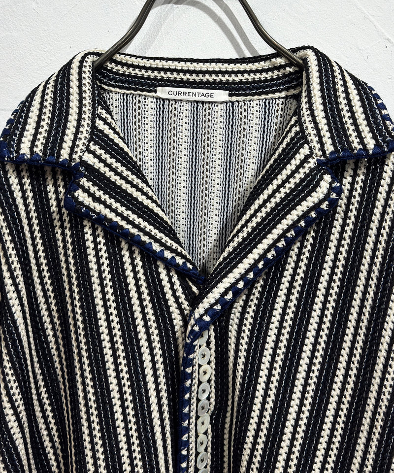 CURRENTAGE - TEXTURED STRIPE KNIT JACKET / BLACK×NATURAL