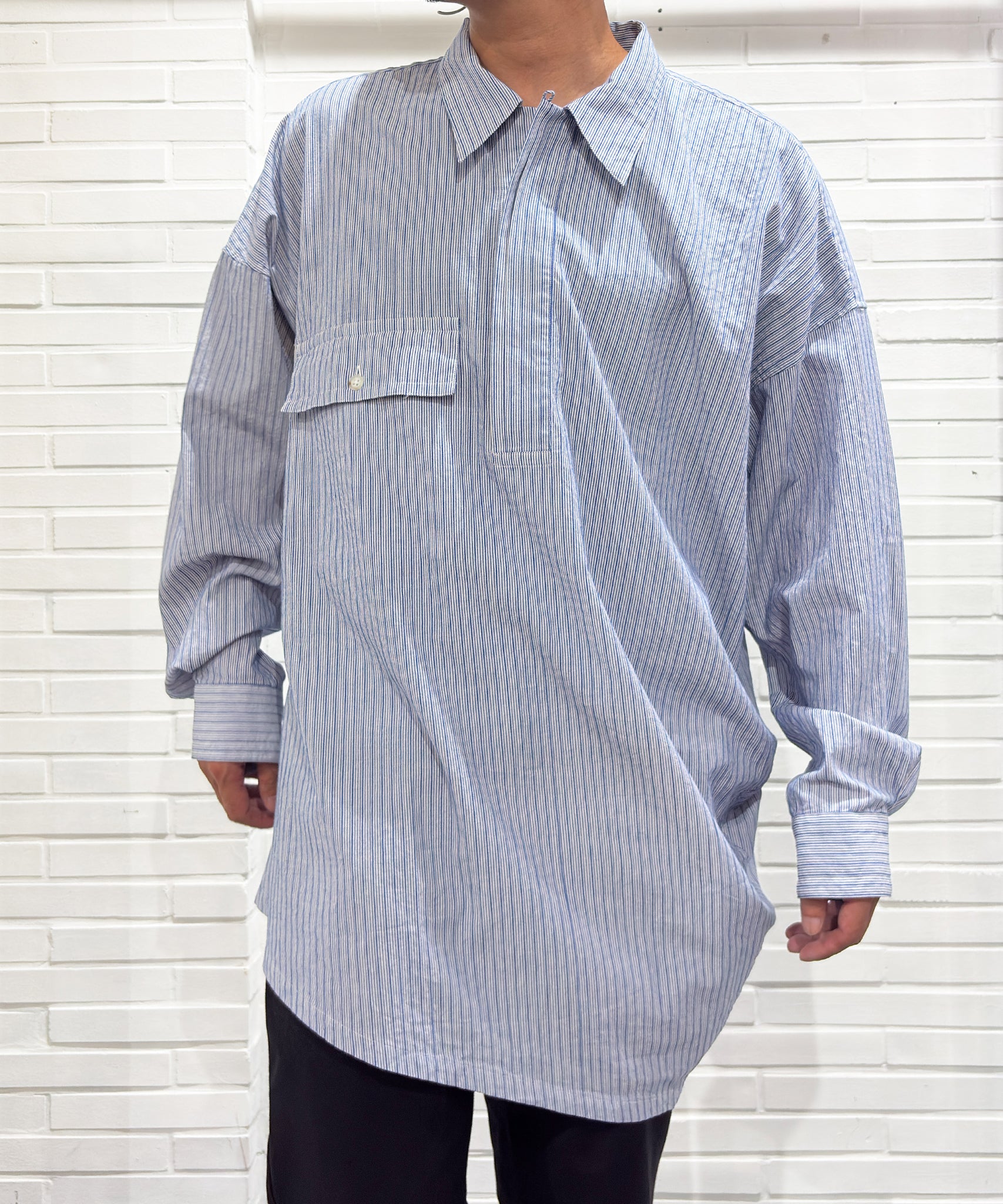Marvine Pontiak Shirt Makers - Twist Pull Over / BLUE DOBBY STRIPE