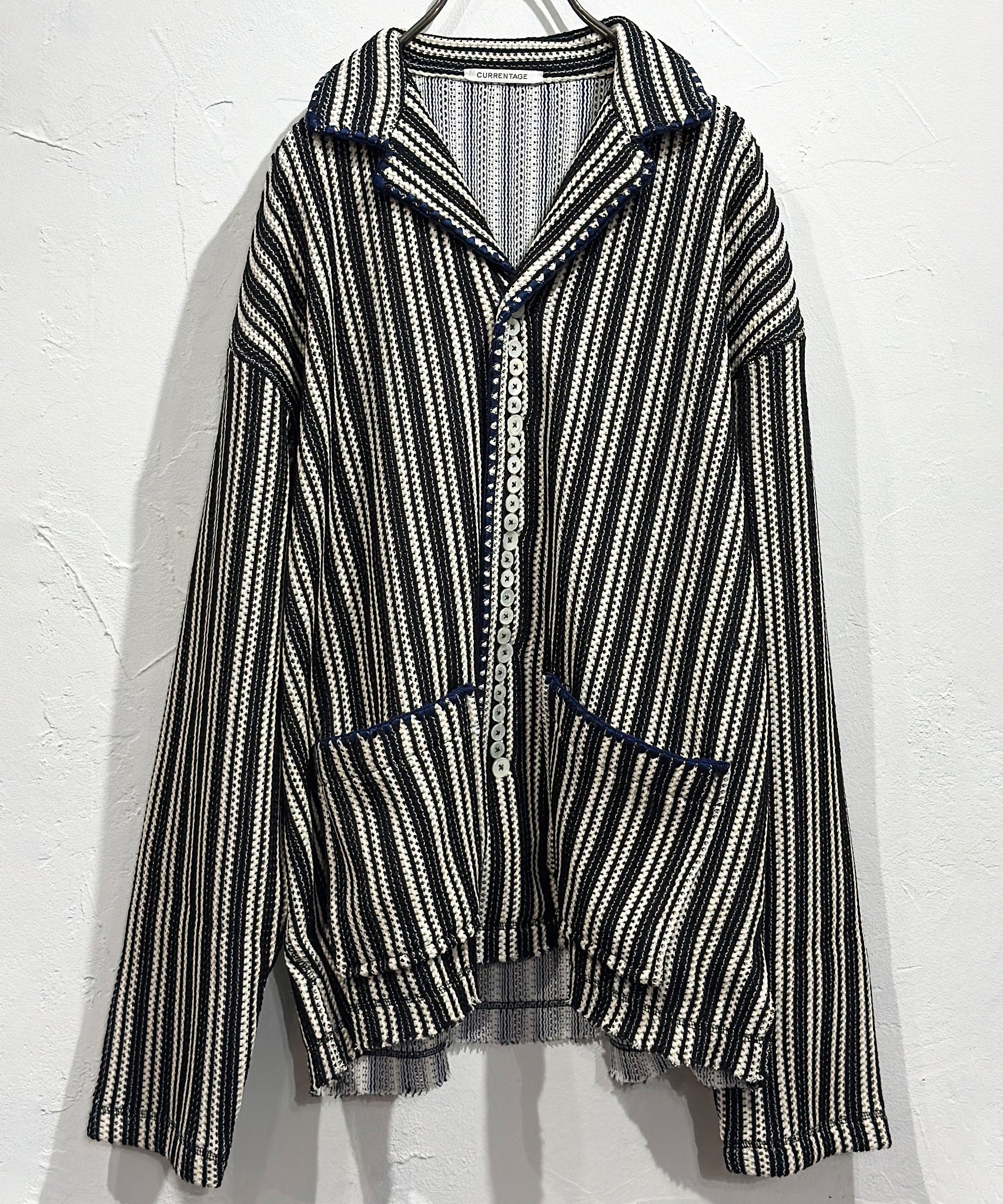 CURRENTAGE - TEXTURED STRIPE KNIT JACKET / BLACK×NATURAL