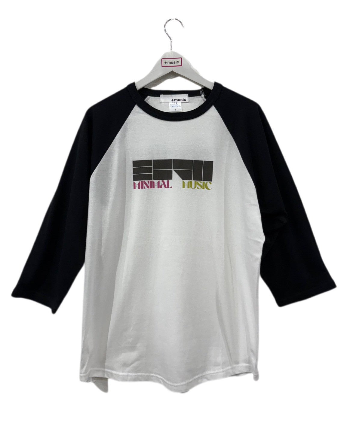 +music  Apparel “Future Nature” - Minimal music logo raglan sleeve T-shirt / White × Black ONLINE STORE PAGE | プラスミュージック アパレル “フューチャー ネイチャー” - サンキュー メッセージ ロング スリーブ ティーシャツ / ホワイト オンライン ストア ページ 商品画像