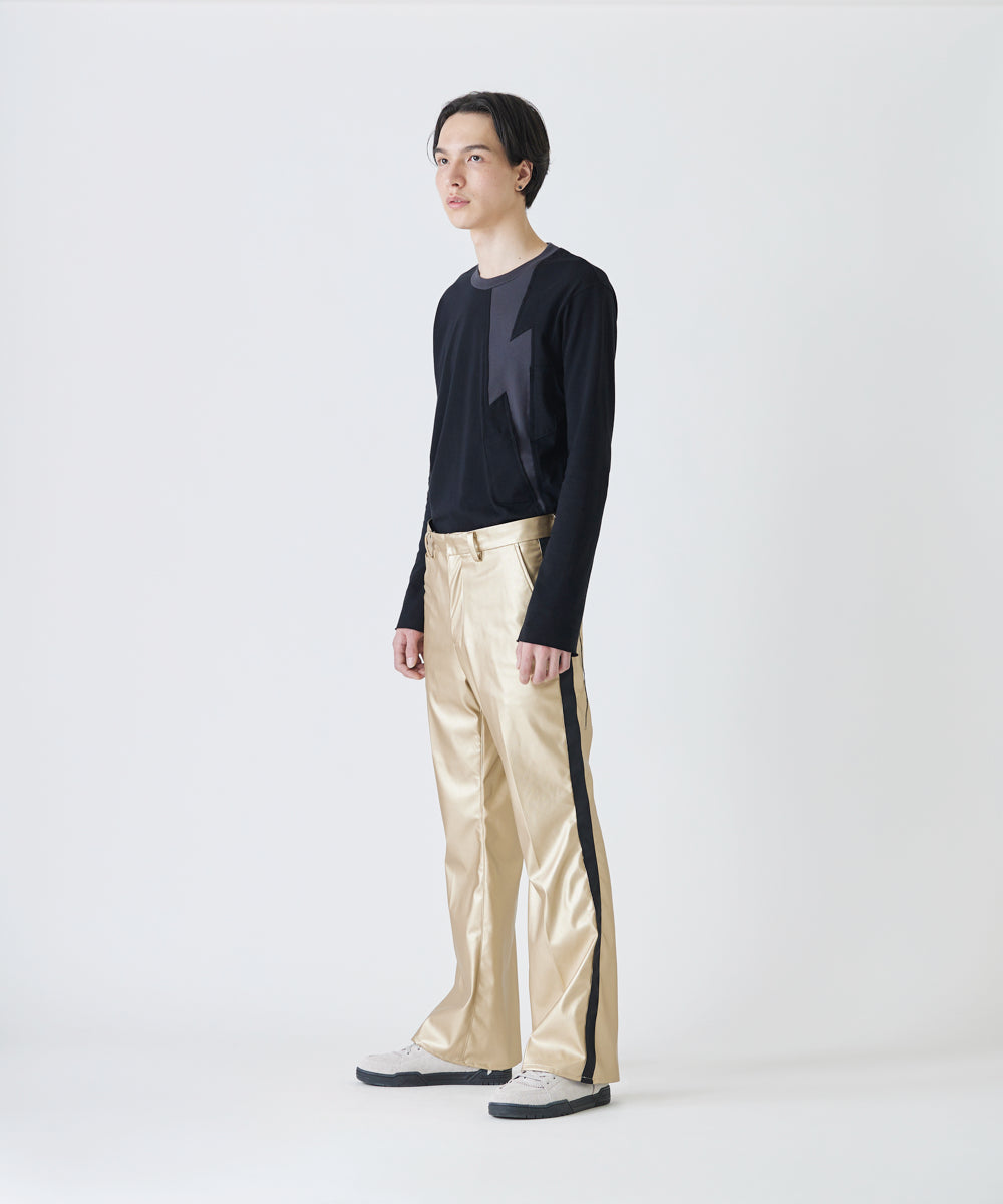 【75%OFF】Faux leather side line flared slim trouser - GOLD