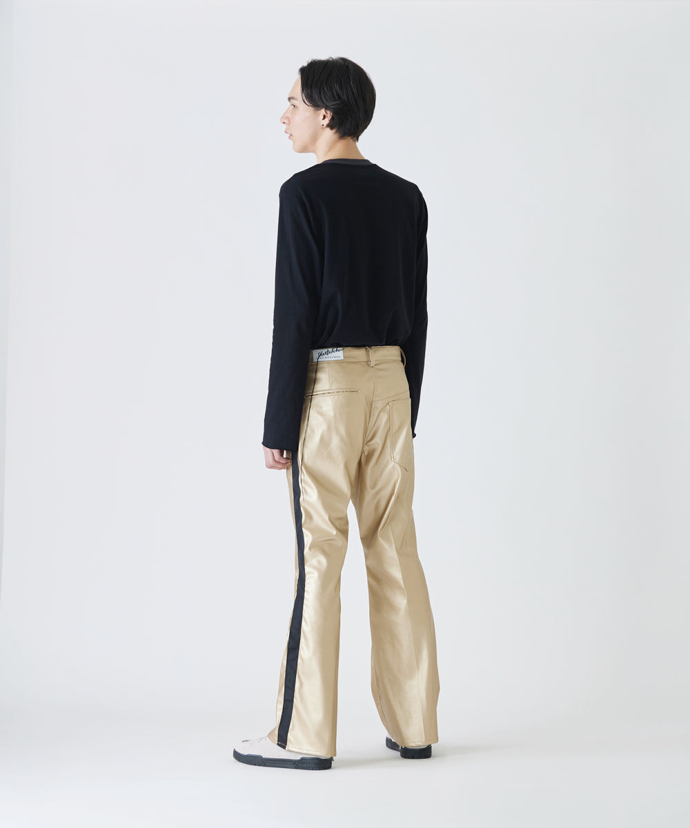 【75%OFF】Faux leather side line flared slim trouser - GOLD