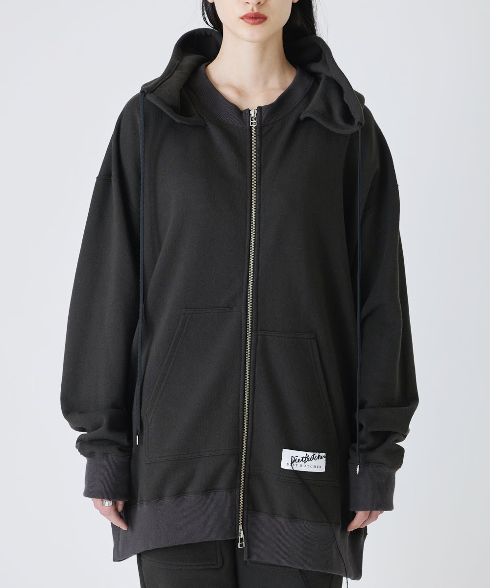 Basic line _ Front zip unevenness big&long hoodie - CHARCOAL BLACK - DIET BUTCHER