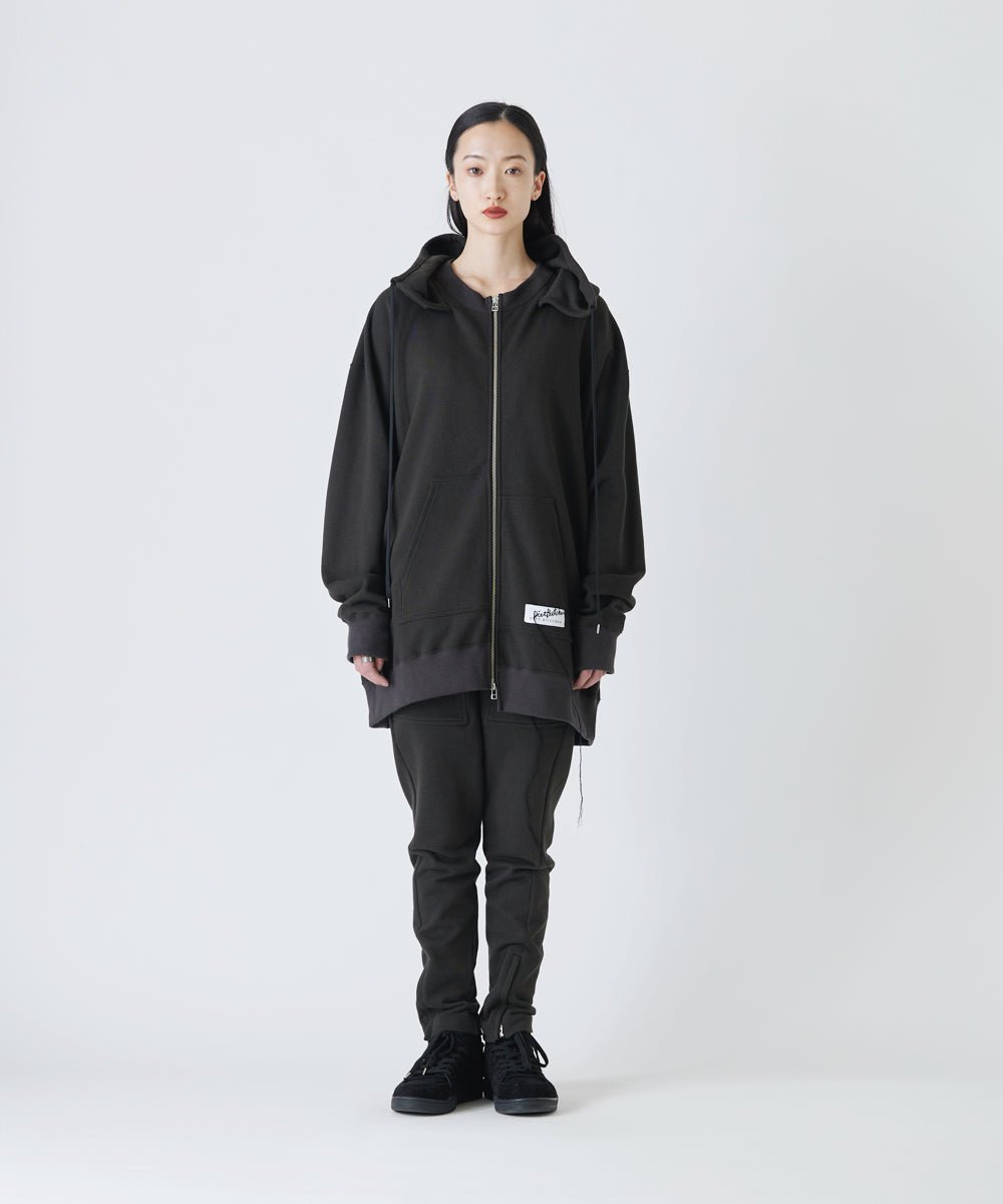 Basic line _ Front zip unevenness big&long hoodie - CHARCOAL BLACK - DIET BUTCHER