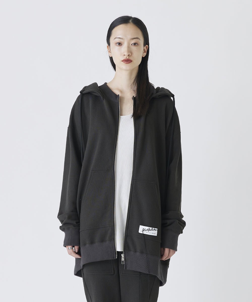 Basic line _ Front zip unevenness big&long hoodie - CHARCOAL BLACK - DIET BUTCHER