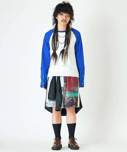 Embroidery sleeve docking raglan t-shirt - BLUE×WHITE - DIET BUTCHER